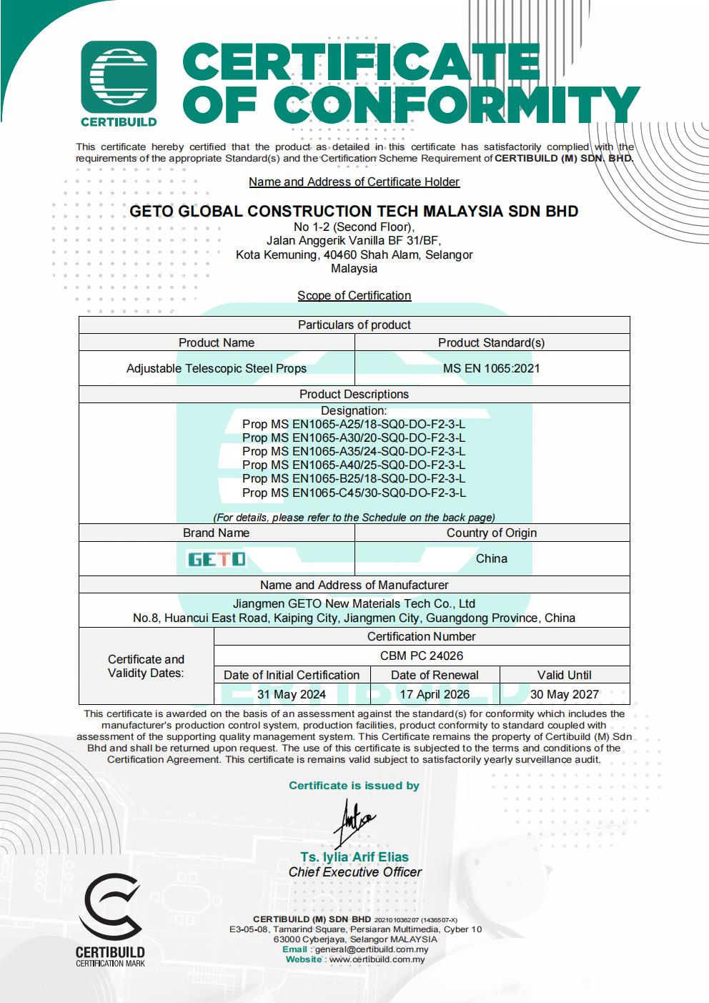 CIDB STEEL PROPS PRODUCT CERTIFICATE